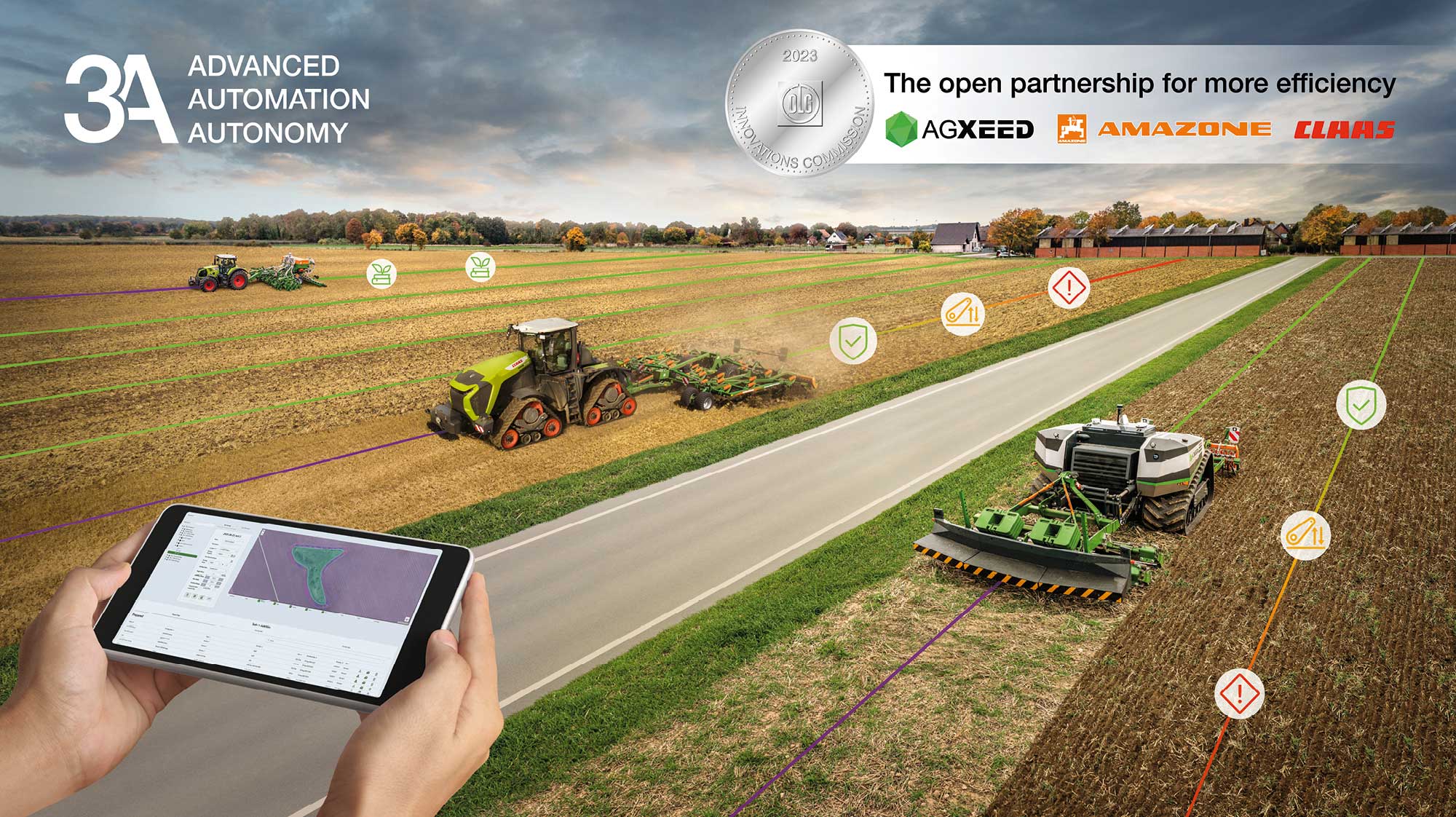 CLAAS, AgXeed and Amazone have set up the first autonomy group and are unveiling solutions for highly automated and autonomous fieldwork. Other partners are expected to join them in time for Agritechnica. 3A – ADVANCED AUTOMATION & AUTONOMY